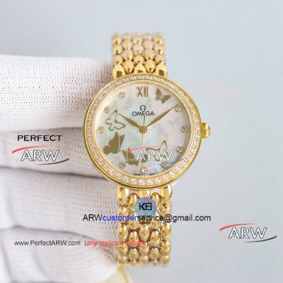 AAA replica Omega De Ville gold diamond bezel pearl shell face Swiss mechanical watch 